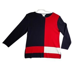Exclusively Misook L Vintage Red White Dark Navy Color blocked Sweater top Round